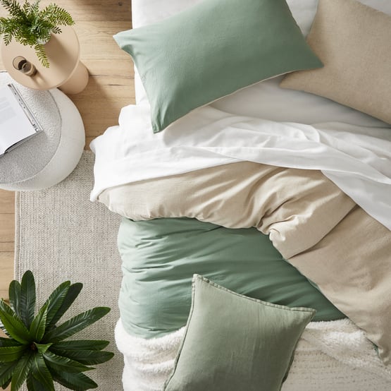 Olsen Linen Cotton Natural & Eucalyptus Quilt Cover Set + Separates