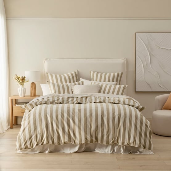 Stonewashed Cotton Olive & Coconut Stripe Quilt Cover Separates