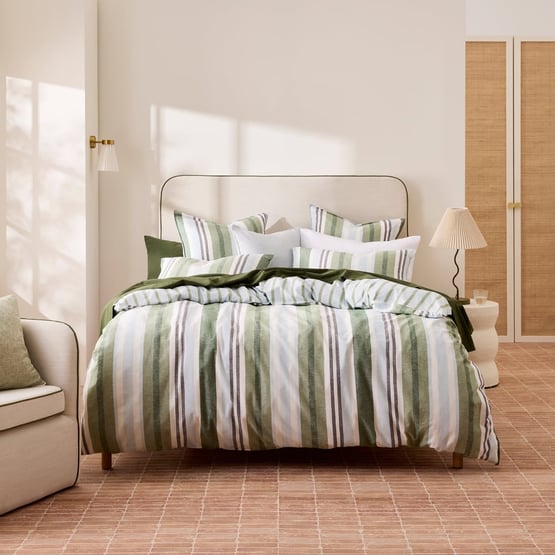 Linen Cotton Pedro Green Stripe Quilt Cover Set + Separates