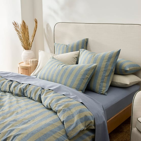 Stonewashed Cotton Olive and Denim Block Stripe Quilt Cover Separates