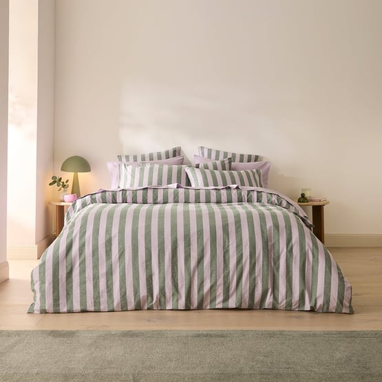 Stonewashed Cotton Emerald & Lilac Block Stripe Quilt Cover Separates