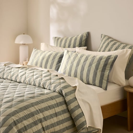 Stonewashed Cotton Basil & Pistachio Block Stripe Quilted Coverlet Separates