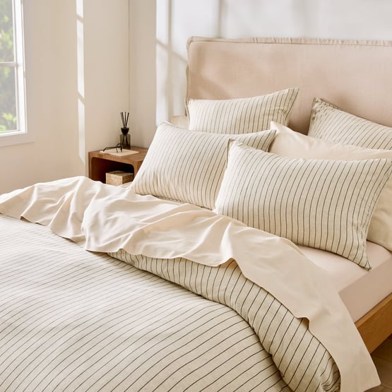Washed Bamboo Linen Black & Natural Stripe Quilt Cover Set + Separates