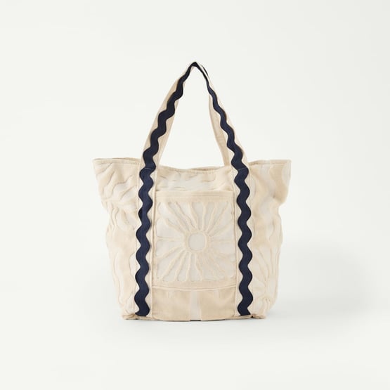 Cream Motif Terry Textured Beach Tote