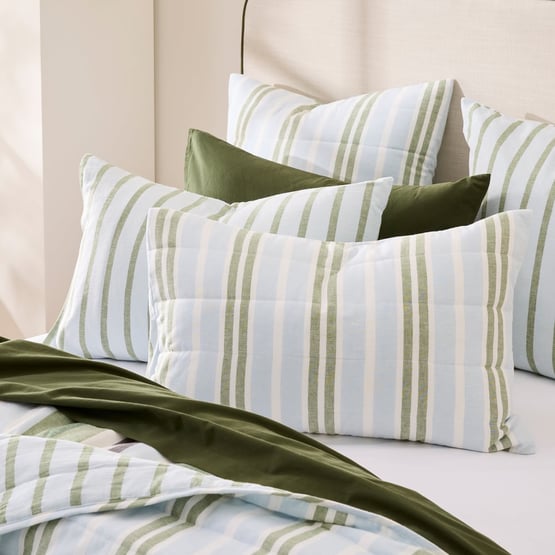 Linen Cotton Pedro Green Stripe Quilted Coverlet Separates