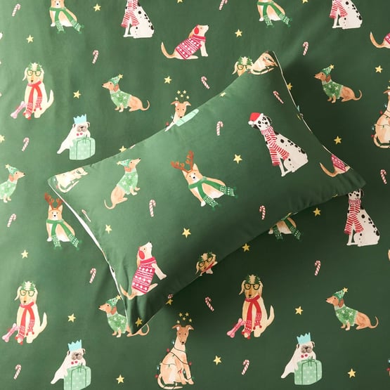 Christmas Dogs Green Quilt Cover Set
