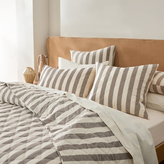 Stonewashed Cotton Natural & Chocolate Stripe Quilted Coverlet Separates