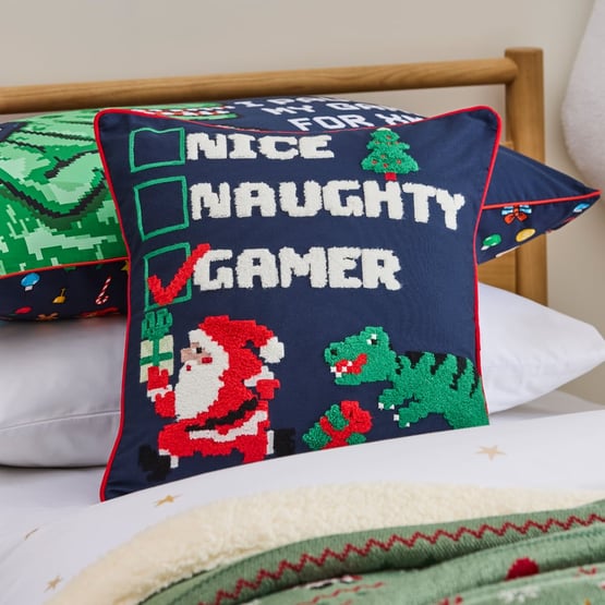 Nice, Naughty, Gamer Navy Christmas Cushion