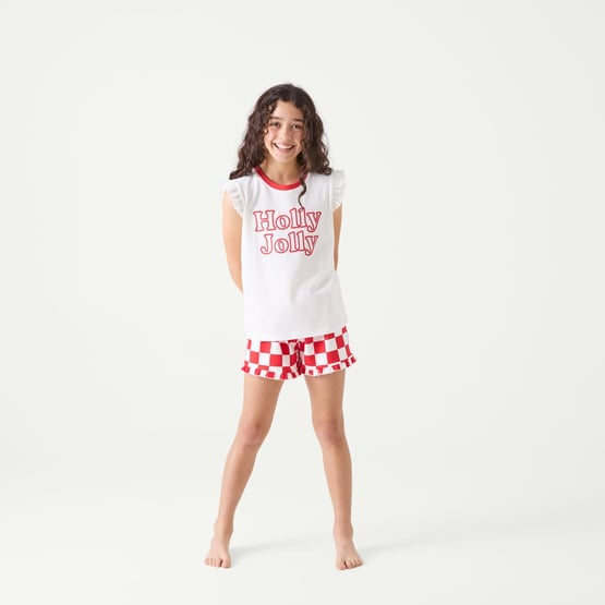 Kid's Ruffle Holly Jolly Red Short Pyjama Set
