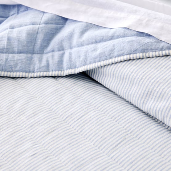 Linen Cotton Dusty Blue Stripe Quilted Coverlet Separates