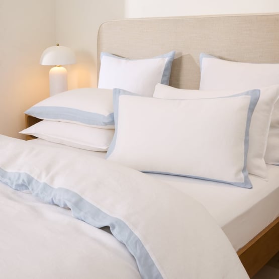 Vintage Washed Linen White & Dusty Blue Border Quilt Cover Separates